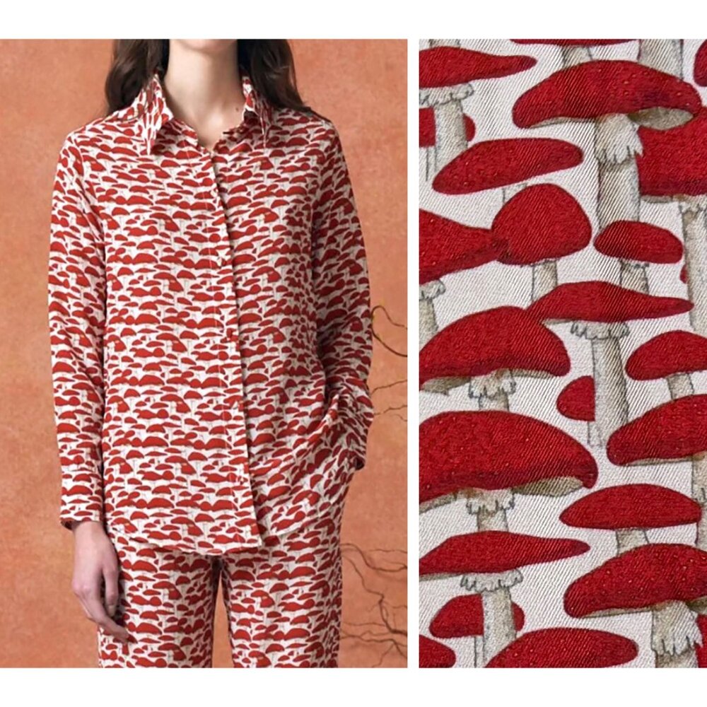 Muzungu Sisters Fern Mushroom Vegetable Print Silk Top Blouse Red Veggie S